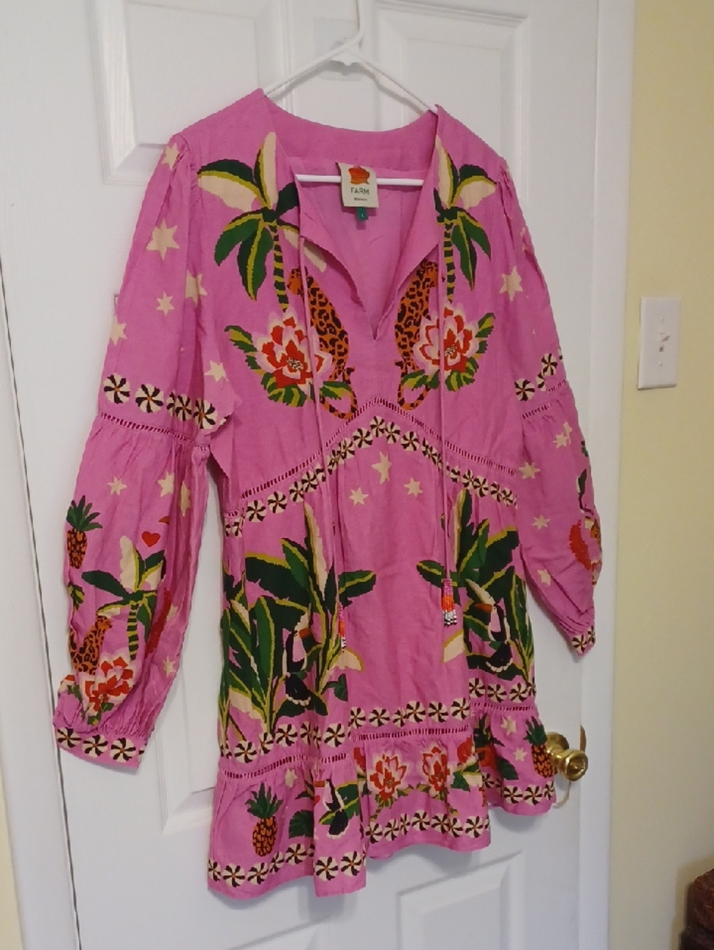 FARM rio Sz L, Leopard Forest Linen Blend, Pink Floral Mini Dress. Fully Lind - Picture 4 of 10